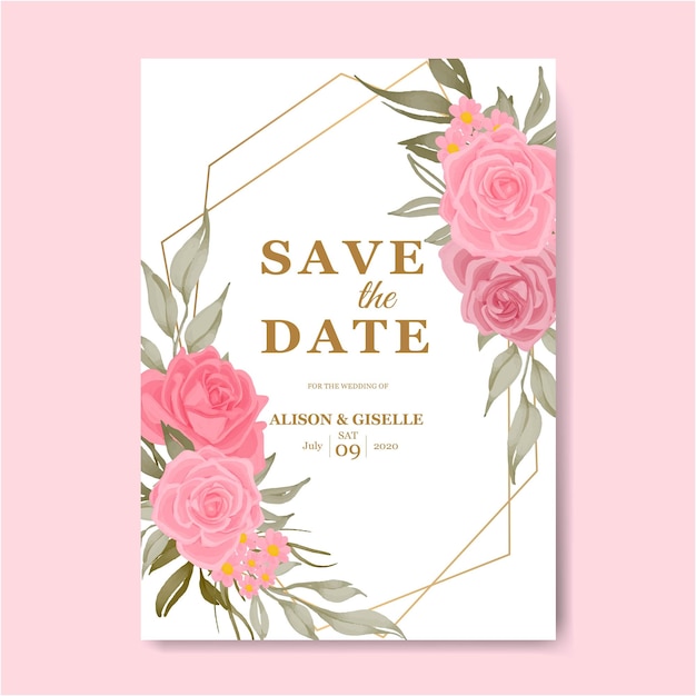 Beautiful pink rose flower warecolor wedding invitation card template