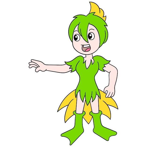 A beautiful plant fairy with a happy face laughing, vector illustration art. doodle icon image kawaii.