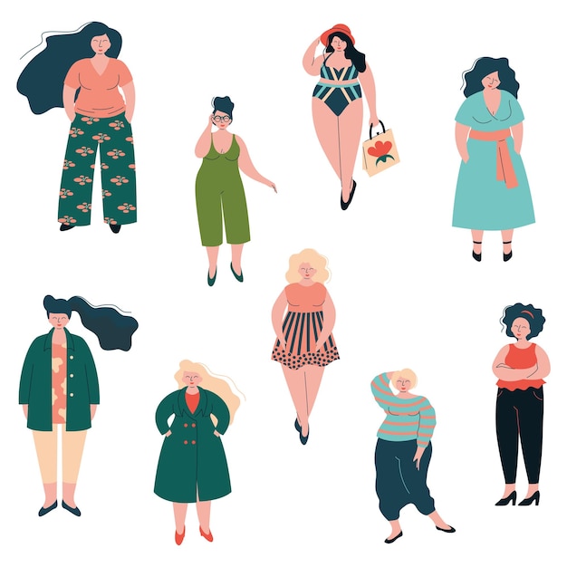 Beautiful plus size curved women set plump girls dressed in stylish clothing vector illustration