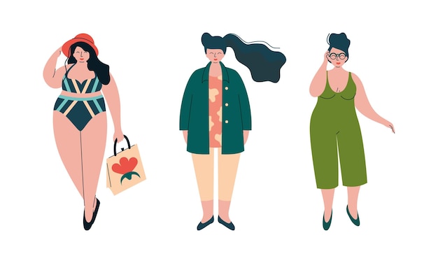 Vector beautiful plus size woman in fashionable clothes vector set