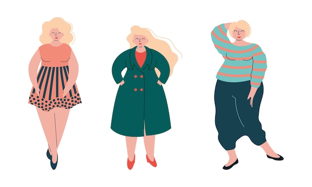 Beautiful Plus Size Woman in Fashionable Clothes Vector Set