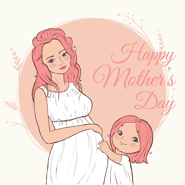 Beautiful pregnant woman. Happy mothers day. Hand drawn Illustration