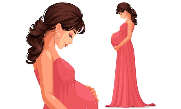 Beautiful pregnant woman wearing long pink dress holding her belly