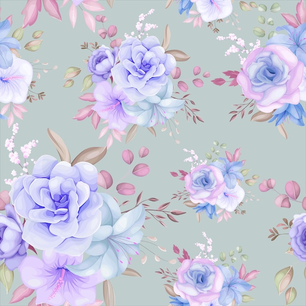 Beautiful purple and blue floral and leaves seamless pattern design