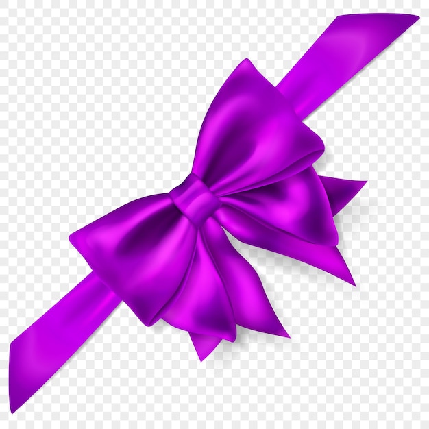 Beautiful purple bow with diagonally ribbon with shadow isolated on transparent background