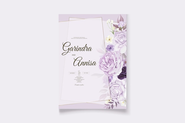 Beautiful purple floral frame wedding invitation card template Premium Vector