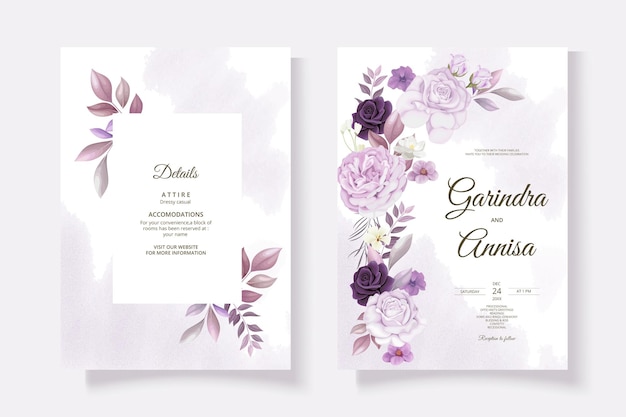 Beautiful purple floral frame wedding invitation card template Premium Vector