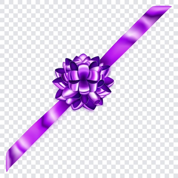 Beautiful purple shiny bow with diagonally ribbon with shadow on transparent background