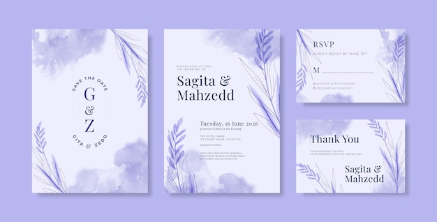 Beautiful purple watercolor wedding invitation template