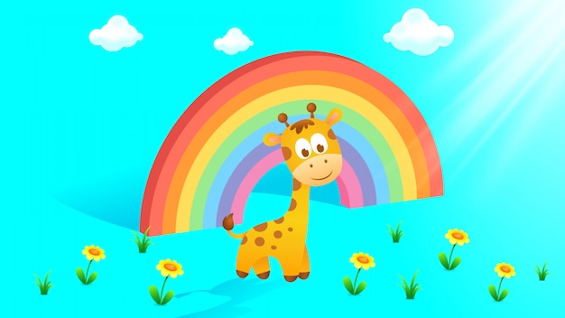 Beautiful Rainbow Background with Cute Baby Giraffe