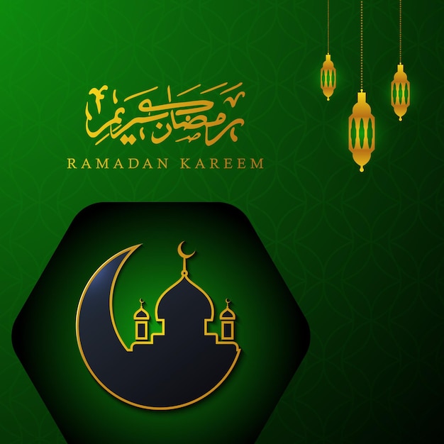 Beautiful ramadan kareem design with green mosque and golden lantern