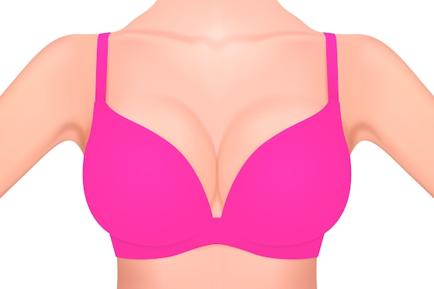 Beautiful realistic female breast in a pink bra close-up isolated on white background.mockup