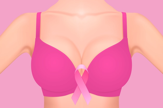 Beautiful realistic female breast in pink bra with pink ribbon close-up on pink background. Breast Cancer Awareness concept.