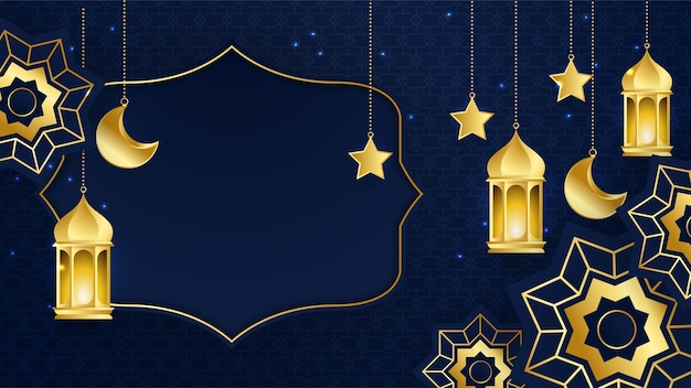 Beautiful realistic luxury blue gold Islamic ramadan kareem design background with mandala pattern hanging lantern moon and star