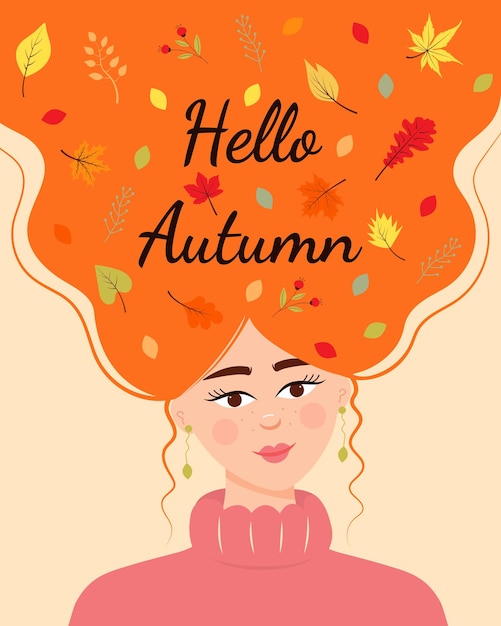 Beautiful red girl in a warm sweater with autumn leaves and twigs in her hair Hello autumn quote