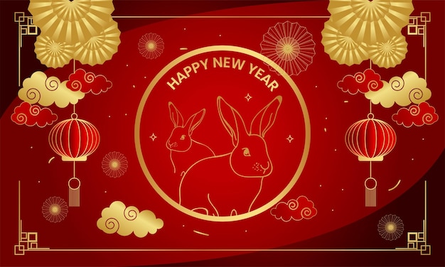 Beautiful Red and golden background with decorative lamp and golden clouds year of the rabbit Happy chinese New year