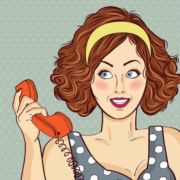 beautiful red-haired lady, speaks to a retro phone