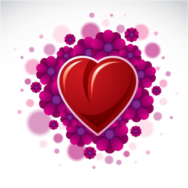 Beautiful red heart surrounded with spring purple flowers. Vector graphic design element can be used in wedding and Valentine Day theme.