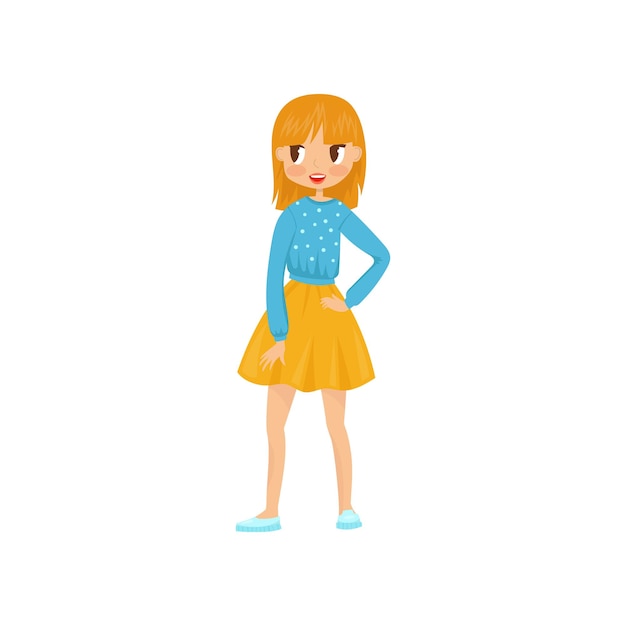 Beautiful redhaired girl with smiling face expression Young woman in fashion casual outfit skirt and sweater with dots Flat vector design