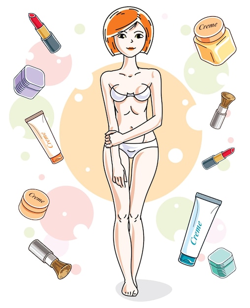 Beautiful redhead woman adult wearing white bra and panties and standing on background with cosmetic accessories. Vector attractive female illustration. Glamour lifestyle theme cartoon.