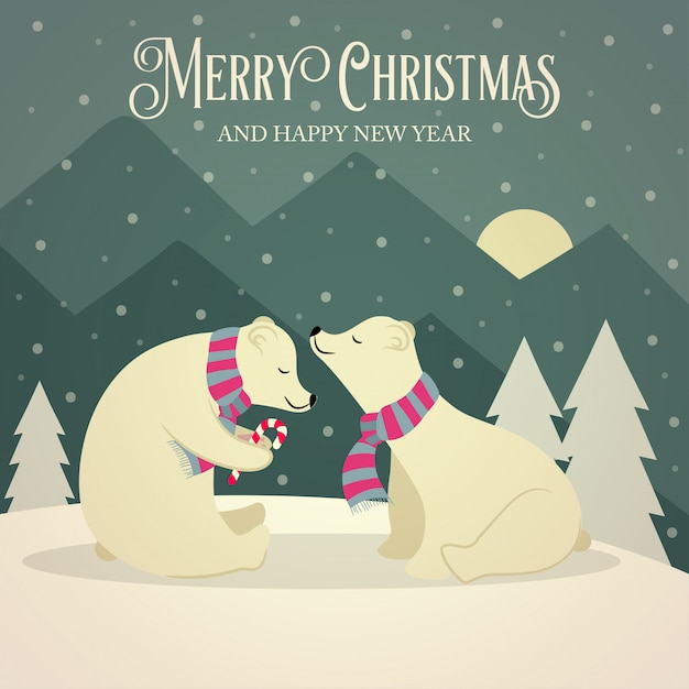 Beautiful retro Christmas card with polar bears couple