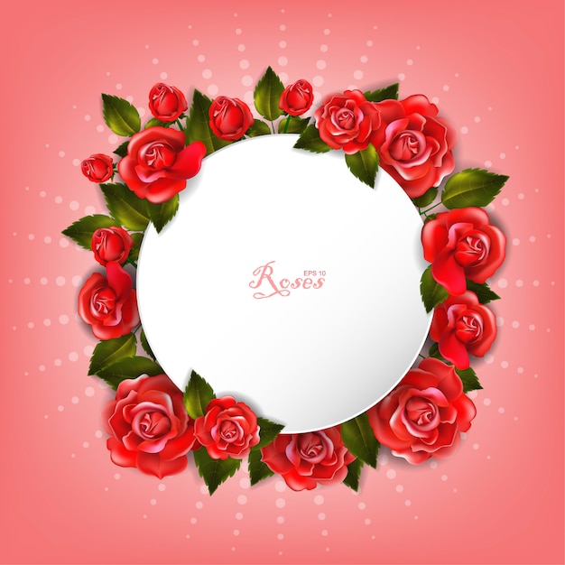 beautiful romantic rounded white frame with red roses and leaves.