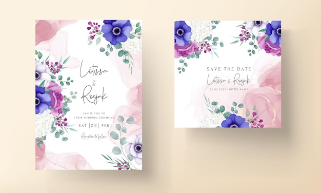 beautiful rose and anemone flower wedding invitation card template