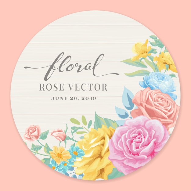 Beautiful Rose Flower and botanical leaf on wood label circle digital painted illustration for love wedding valentines day or arrangement invitation design greeting card