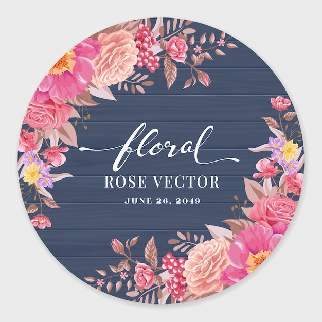 Beautiful Rose Flower and botanical leaf on wood label circle digital painted illustration for love wedding valentines day or arrangement invitation design greeting card