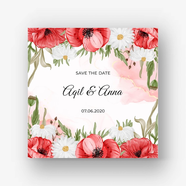 Beautiful rose frame background for wedding invitation with red poppy flower