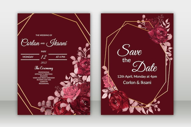 Beautiful roses flower invitation card template designs set with watercolor Premium Vector