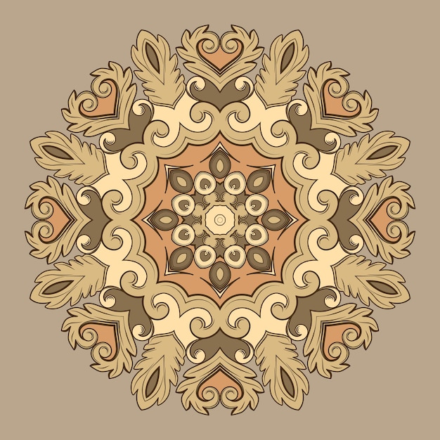 Beautiful round ornamental element for design in beige colors. Vector illustration.