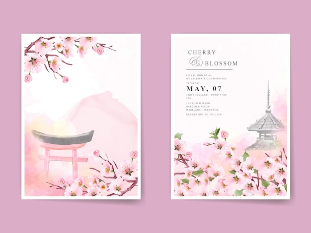 Vector beautiful sakura watercolor wedding invitation card template