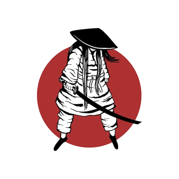 A beautiful samurai girl in Japanese armor with a katana on her shoulder standing in profile against the red sun 2D illustration