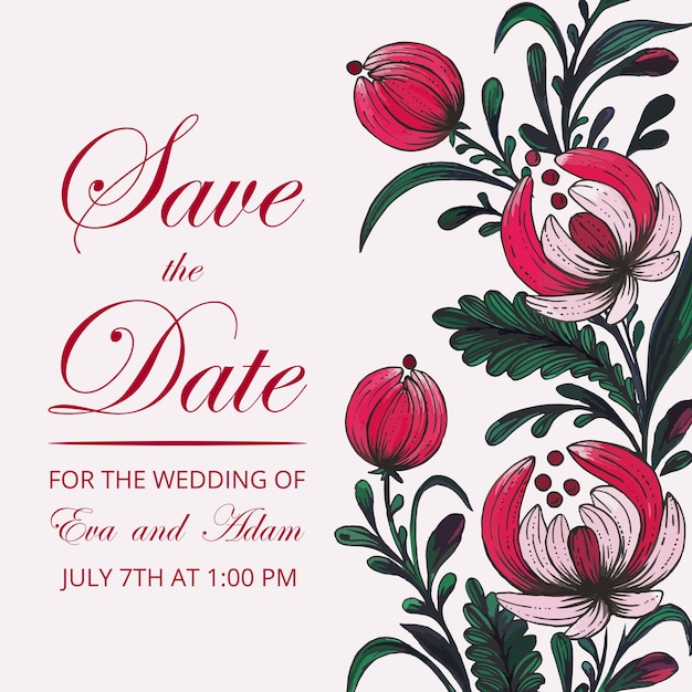 Beautiful save the date card with composition of hand drawn flowers floral frame card