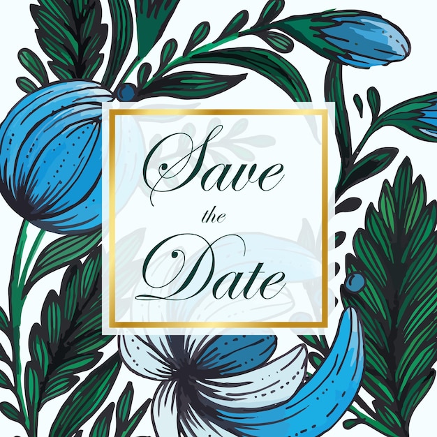 Beautiful save the date card with composition of hand drawn flowers and golden frame.