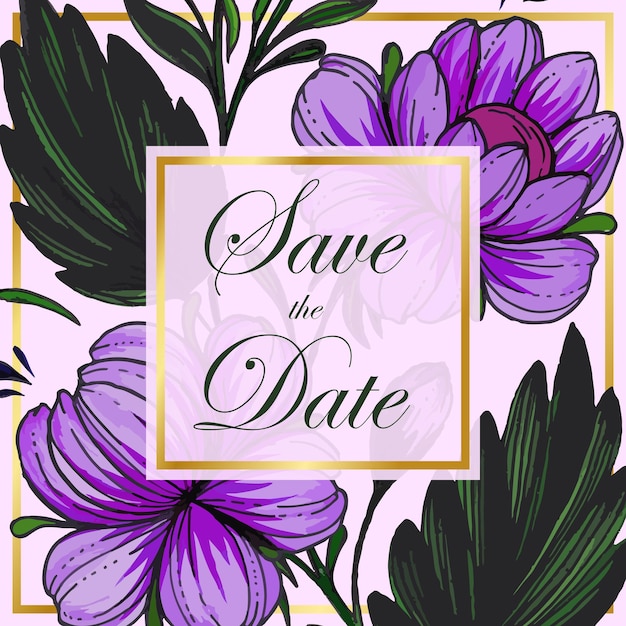 Beautiful save the date card with composition of hand drawn flowers and golden frame.