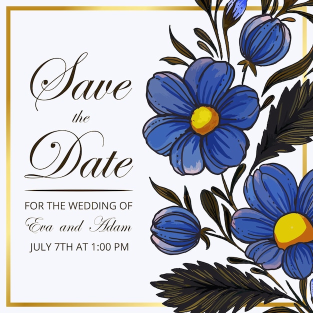 Beautiful save the date card with composition of hand drawn flowers and golden frame