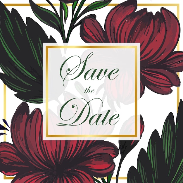 Beautiful save the date card with composition of hand drawn flowers and golden frame