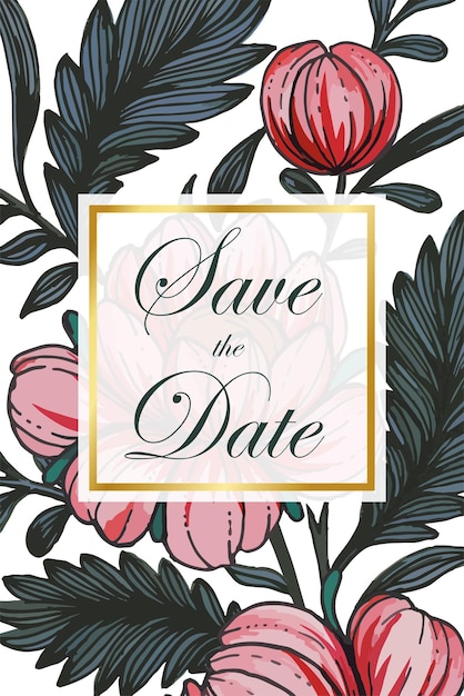 Beautiful save the date card with composition of hand drawn flowers and golden frame