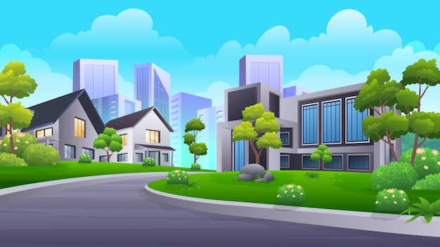 Beautiful Scene of house in town with nature park, green lawn, bush and trees vector illustration