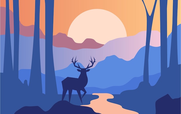 Vector beautiful scene of nature peaceful landscape with forest and deer at evening time template for