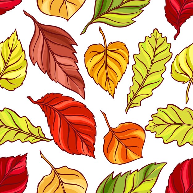 Beautiful seamless background of different autumn leaves. hand-drawn illustration