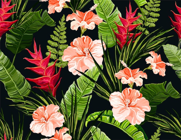 Beautiful seamless floral summer pattern background with tropical palm leaves hibiscus heliconia