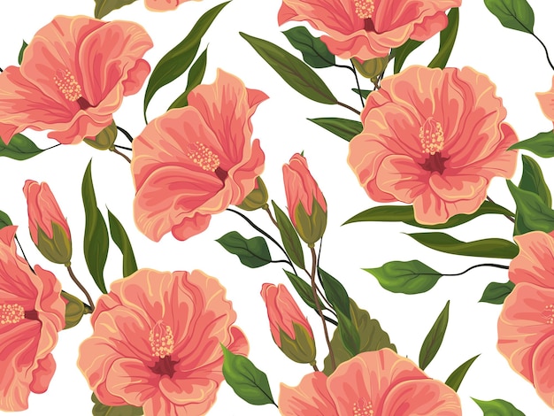 Beautiful seamless pattern. Flower composition. Pink flowers and hibiscus buds woven into the collection of herbs, twigs, foliage, other plants. Light white background.