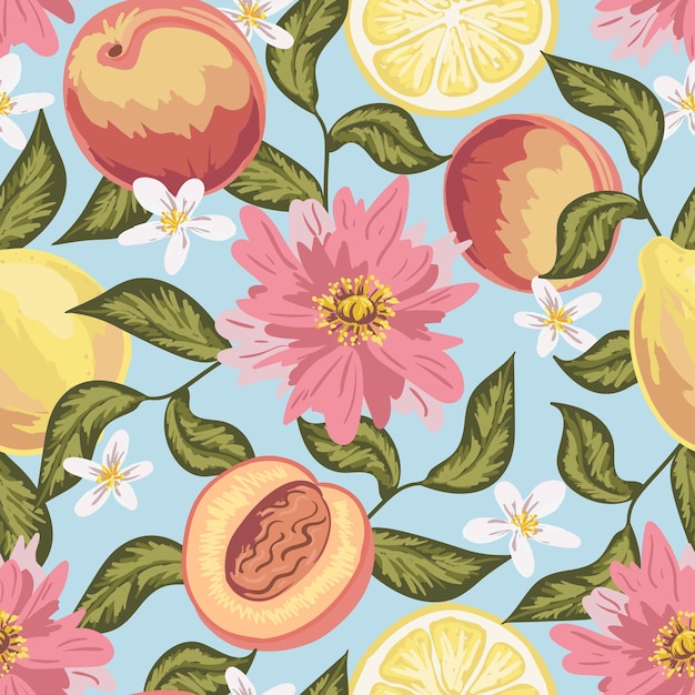 Beautiful seamless pattern with peach, lemon, flowers and leaves. Colorful hand drawn