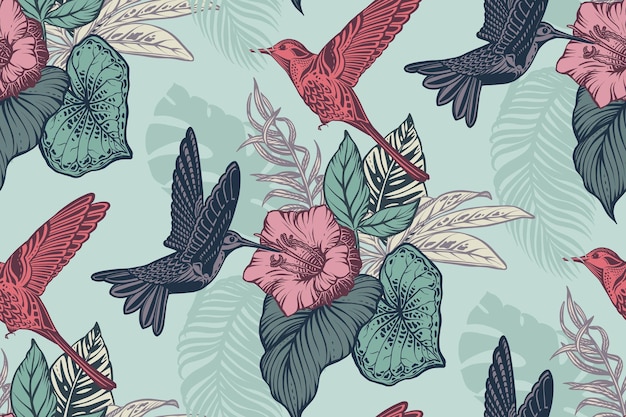 Beautiful seamless pattern with tropical flowers hummingbird jungle palm monstera exotic leaves