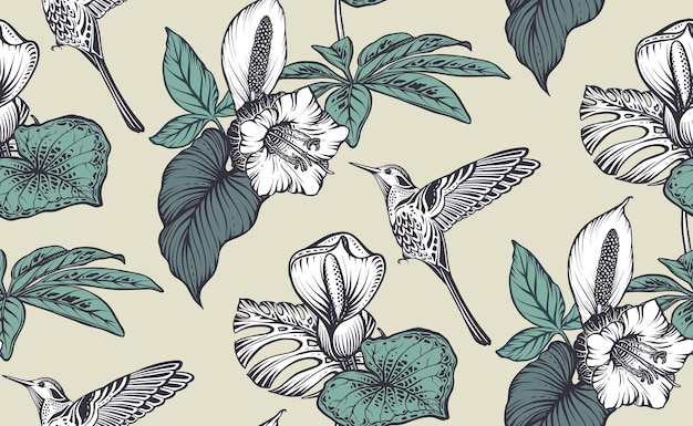 Beautiful seamless pattern with tropical flowers hummingbird jungle palm monstera exotic leaves