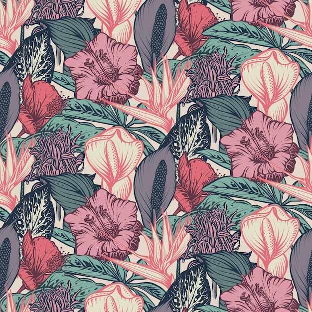 Beautiful seamless pattern with tropical jungle palm monstera banana leaves