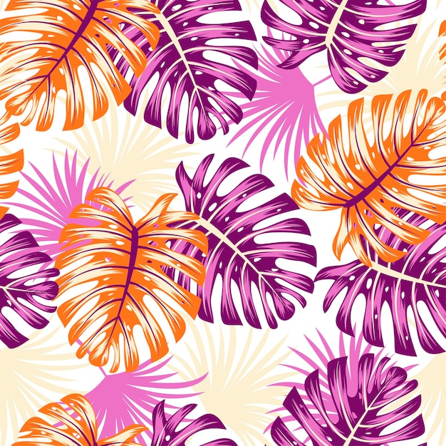 Beautiful seamless tropical pattern with bright plants and leaves on a light background